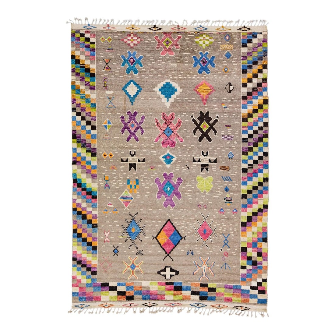 Handmade Multicolor Moroccan Wool Rug 9'2 x 12'7 Tribal Design: Handmade Multicolor Moroccan Wool Rug 9'2 x 12'7 Tribal Design Elevate your space with this stunning modern Moroccan style handmade wool rug. Featuring a rich brown field, this piece showcases a vibra