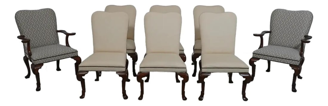 Set of 8 Baker George III Upholstered Dining Chairs Walnut Finish: Set of 8 Baker George III Upholstered Dining Chairs Walnut Finish This set of eight George III style upholstered dining room chairs showcases high-quality craftsmanship with a classic English design.