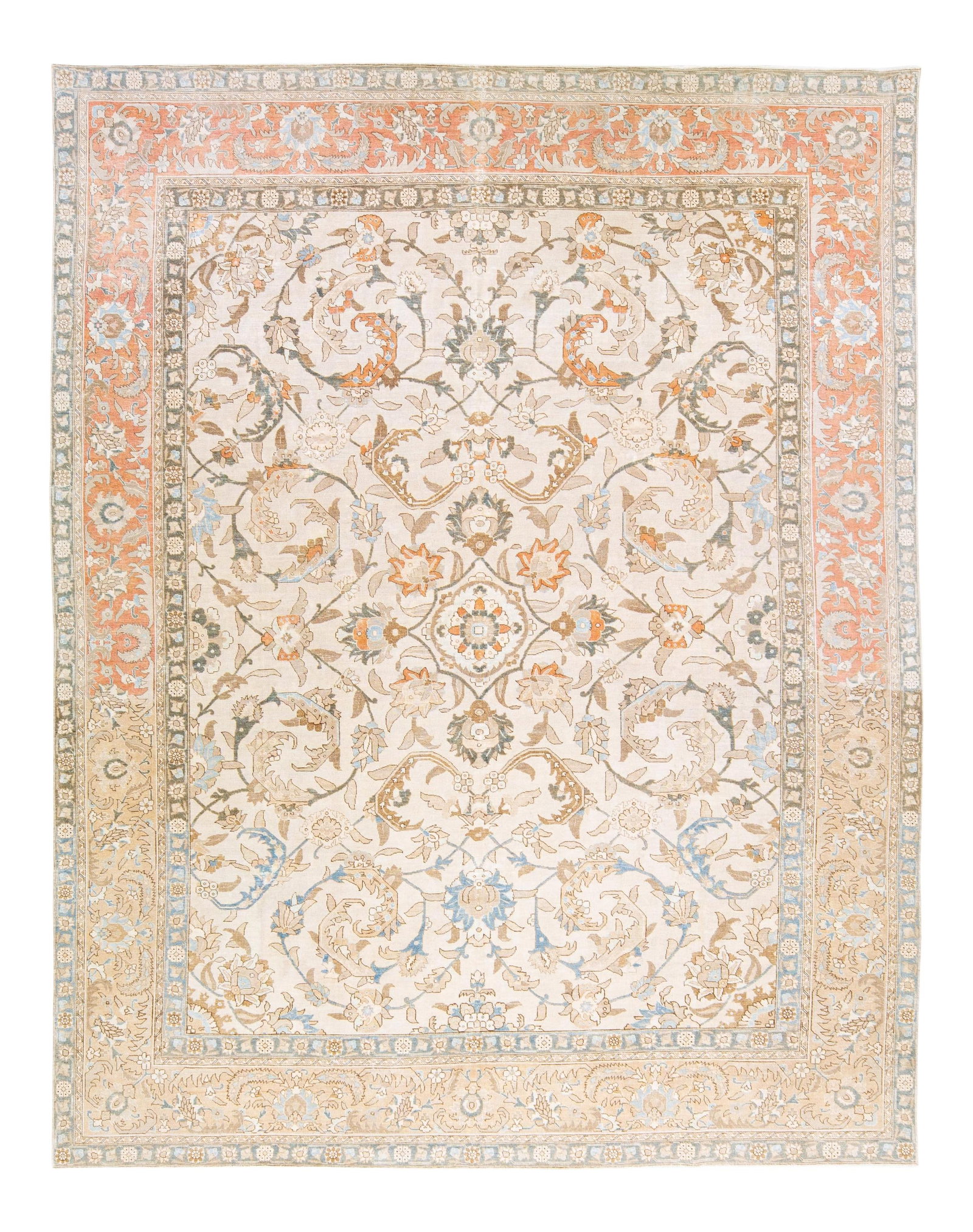 Antique Persian Tabriz Wool Rug 9'9 x 12'3 Floral Medallion Beige: Antique Persian Tabriz Wool Rug 9'9 x 12'3 Floral Medallion Beige Experience the timeless beauty of this antique Persian Tabriz rug, hand-knotted from high-quality wool. Featuring a stunning beige fie