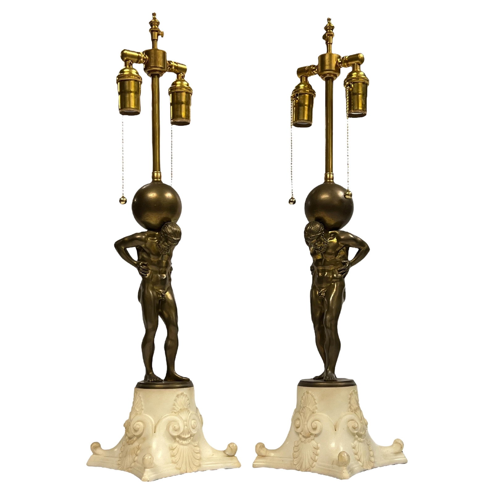 Set of 2 Bronze Greek Atlas Lamps Attributed to E.F. Caldwell: Set of 2 Bronze Greek Atlas Lamps Attributed to E.F. Caldwell This set features two Greek Revival lamps designed by Edward F. Caldwell. Each lamp is crafted with a bronze figure of the Greek god Atlas