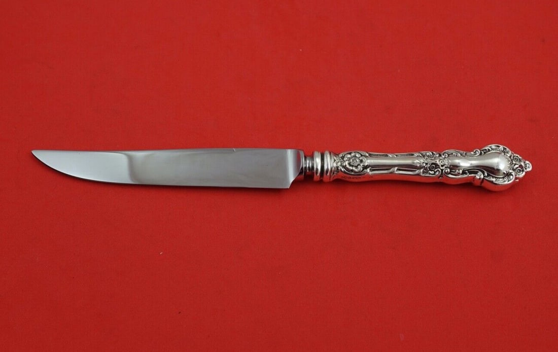 Wallace Meadow Rose Sterling Silver Steak Knife 9 Inch Classic Design: Wallace Meadow Rose Sterling Silver Steak Knife 9 Inch Classic Design This exquisite Meadow Rose steak knife by Wallace is crafted from high-quality sterling silver. Measuring 9 inches, it features a