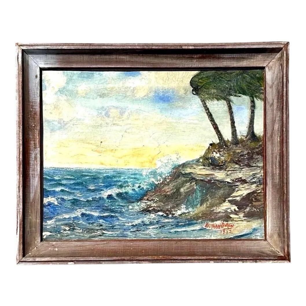 Signed 1952 Seascape Oil Painting by Boyd Hampton on Canvas: Signed 1952 Seascape Oil Painting by Boyd Hampton on Canvas This vintage seascape oil painting, signed by Boyd Hampton in 1952, features a captivating depiction of a rugged coastline with crashing wav