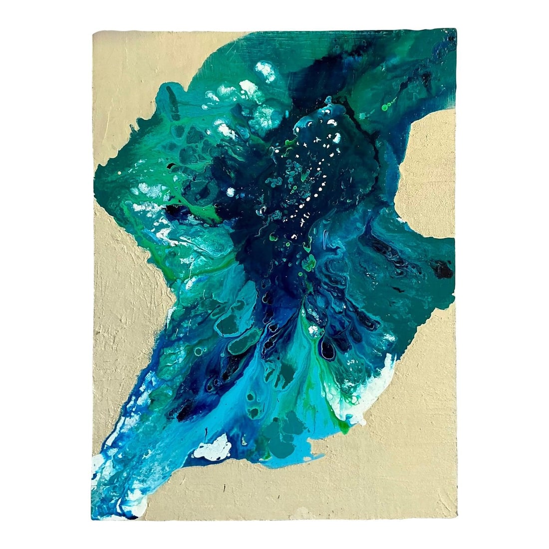 Large Boho Chic Abstract Canvas Oil Painting in Blues and Teal: Large Boho Chic Abstract Canvas Oil Painting in Blues and Teal This vintage original abstract oil painting on canvas features a dynamic blend of blues, teals, and greens over a neutral background. The