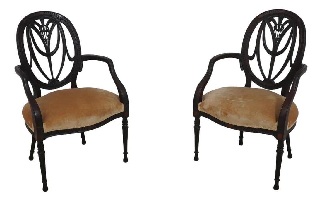 Vintage English Adams Style Mahogany Inlaid Armchairs Pair: Vintage English Adams Style Mahogany Inlaid Armchairs Pair This exquisite pair of English Adams style armchairs showcases fine craftsmanship and elegant design, dating back to the 1930s. Constructed f