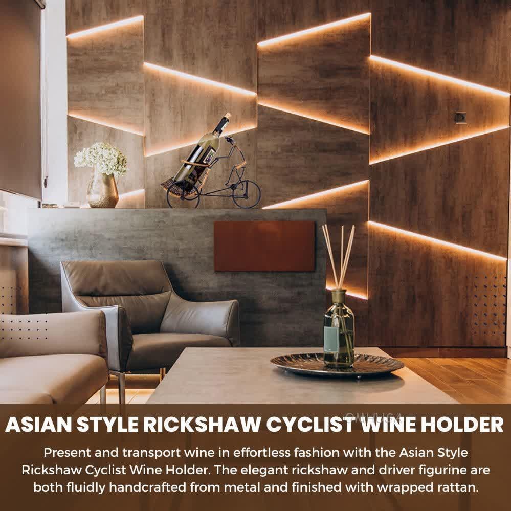Handmade Asian Style Rickshaw Wine Caddy Metal Rattan: Handmade Asian Style Rickshaw Wine Caddy Metal Rattan This distinctive Asian rickshaw wine caddy is a unique addition to your barware collection. Handmade with a blend of metal and rattan, it showcase
