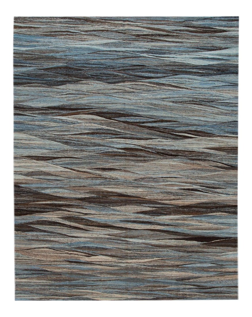 9 x 12 Blue Gray Modern Abstract Wool Kilim Rug: 9 x 12 Blue Gray Modern Abstract Wool Kilim Rug Enhance your living space with this stunning modern flat-weave Kilim rug, expertly handmade from wool. Featuring a captivating gray field, this rug show