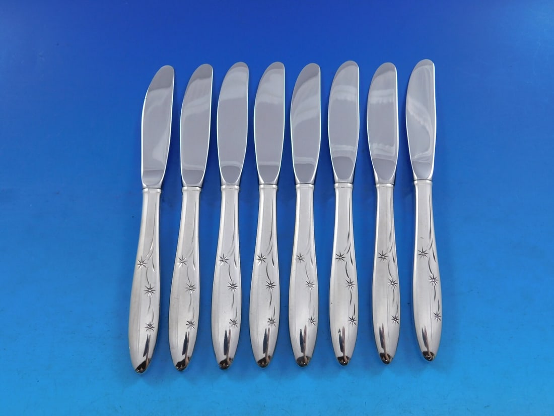 Gorham Celeste Sterling Silver Butter Spreaders Set of 8 Modern 6.5": Gorham Celeste Sterling Silver Butter Spreaders Set of 8 Modern 6.5" Enhance your dining experience with this elegant set of eight butter spreaders from the Celeste pattern by Gorham. Each spreader fe