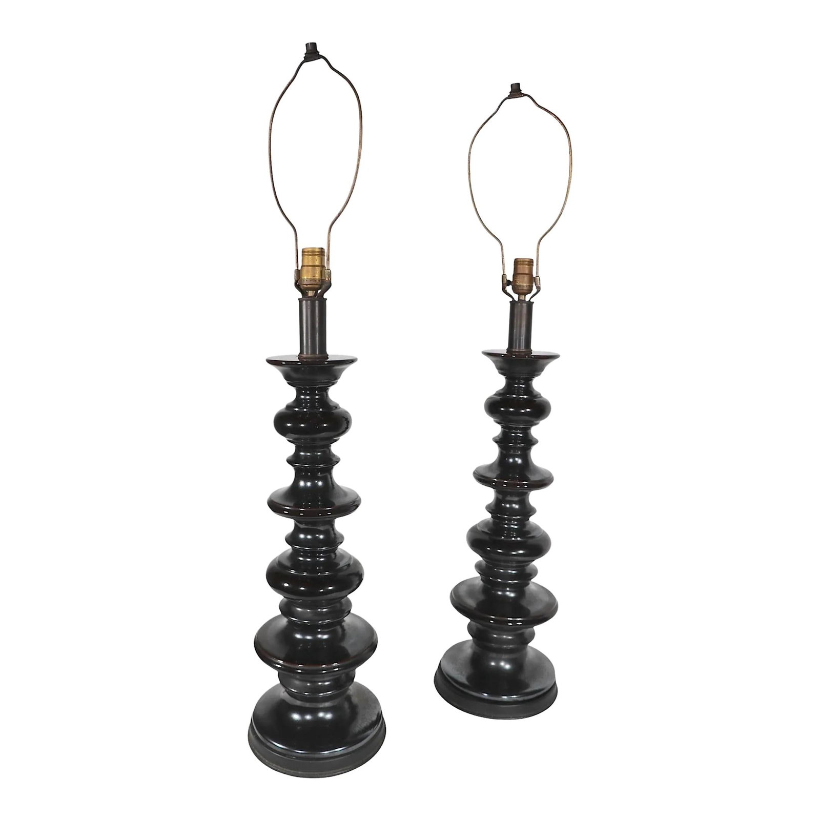 Chic Dark Brown Ceramic Graduated Ring Table Lamps Pair 1950s: Chic Dark Brown Ceramic Graduated Ring Table Lamps Pair 1950s This chic pair of ceramic table lamps features a unique graduated ring design, finished in a stunning dark brown metallic luster glaze. Cr