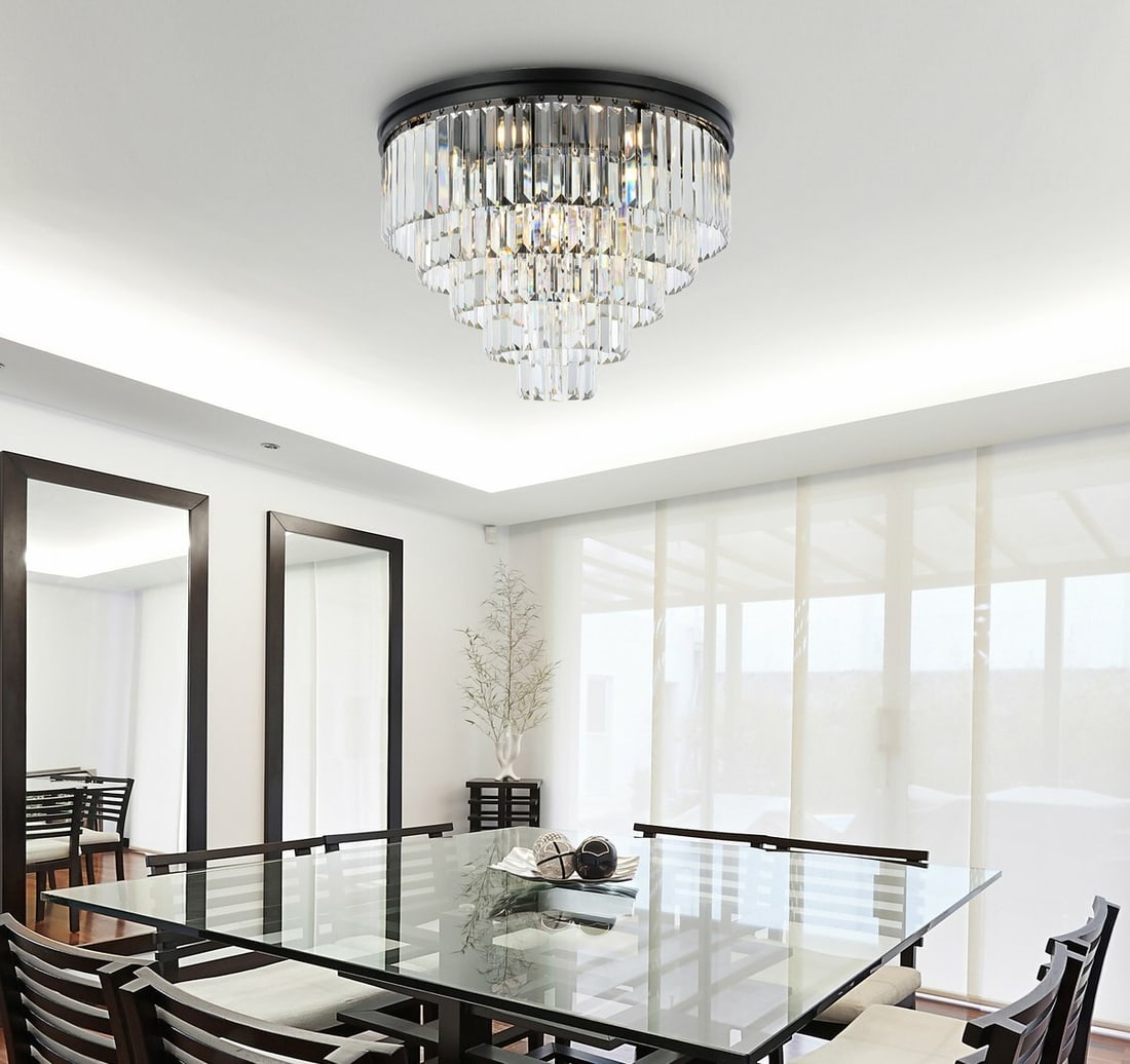 Sydney 32 Inch Crystal Flush Mount Ceiling Light Matte Black 17-Light Chandelier: Sydney 32 Inch Crystal Flush Mount Ceiling Light Matte Black 17-Light Chandelier This contemporary flush mount chandelier features a matte black frame adorned with high-quality clear royal cut crystal