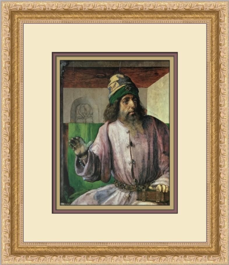 Joos Van Gent Portrait of Aristotle Custom Framed Art Print: Joos Van Gent Portrait of Aristotle Custom Framed Art Print This exquisite custom framed print features the renowned artwork 'Portrait of Aristotle' by artist Joos Van Gent. Measuring 14 in. by 12 in.