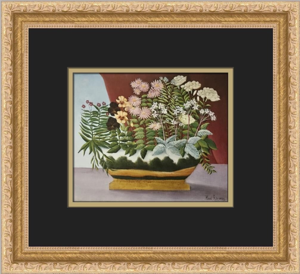 Henri Rousseau Poet Flowers Custom Framed Art Print 1993: Henri Rousseau Poet Flowers Custom Framed Art Print 1993 This exquisite custom framed print titled 'Poet Flowers' by Henri Rousseau showcases a stunning Post-Impressionism style. Measuring 12 in. x 13