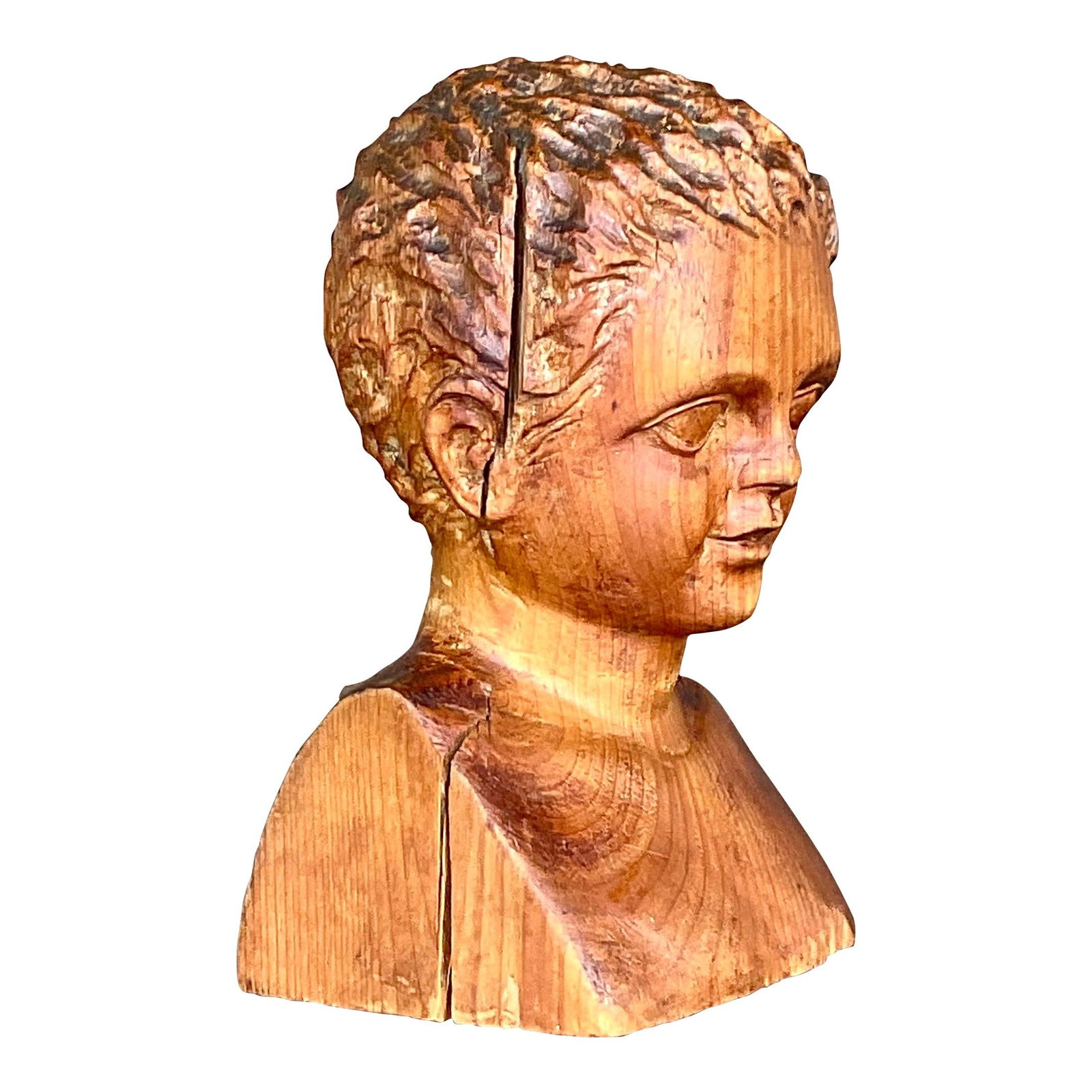 Vintage Hand Carved Wood Bust Sculpture of Young Man: Vintage Hand Carved Wood Bust Sculpture of Young Man This exquisite vintage hand-carved wood bust depicts a young man, showcasing remarkable craftsmanship with intricate details in the wood grain. The