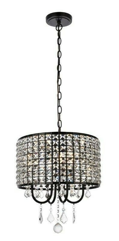 Elise Modern Crystal 4 Light Black Pendant Chandelier 14 Inch by Living District: Elise Modern Crystal 4 Light Black Pendant Chandelier 14 Inch by Living District This modern crystal pendant chandelier features a black iron finish with Royal Cut clear crystals, offering a stylish l