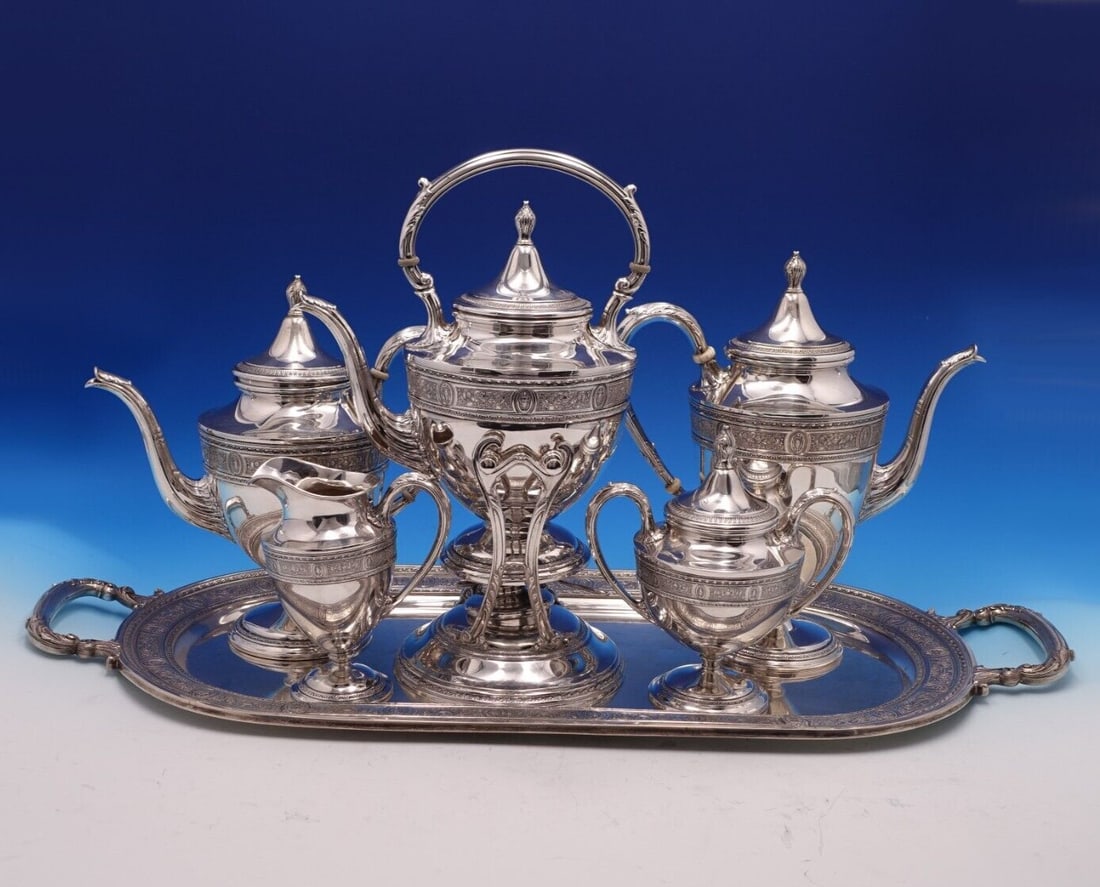 Wedgwood Pattern Sterling Silver 6pc Tea Set by International: Wedgwood Pattern Sterling Silver 6pc Tea Set by International This impressive six-piece tea set is crafted from .925 sterling silver and features the renowned Wedgwood pattern by International. Compri