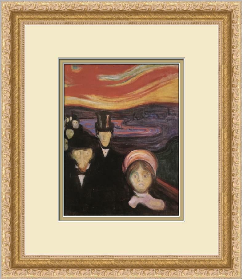 Edvard Munch Anxiety Custom Framed Print 12 x 14 Portrait Art: Edvard Munch Anxiety Custom Framed Print 12 x 14 Portrait Art This beautifully custom framed print titled "Anxiety" by Edvard Munch showcases striking figurative art. Measuring 12" x 14" overall, it f