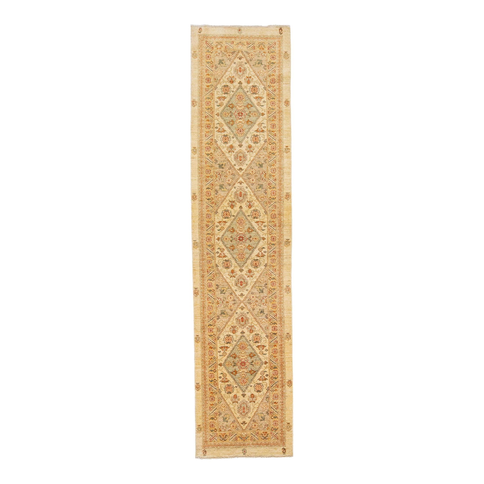 Contemporary Indian Beige Floral Wool Runner 2'5 x 10'9 Handmade: Contemporary Indian Beige Floral Wool Runner 2'5 x 10'9 Handmade Enhance your space with this stunning early 21st century contemporary hand-knotted wool runner from India. Featuring a beautiful beige