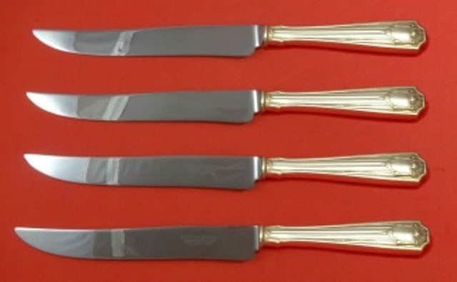Gorham Spotswood Sterling Silver Texas Sized Steak Knife Set 4pc: Gorham Spotswood Sterling Silver Texas Sized Steak Knife Set 4pc This impressive 4-piece steak knife set by Gorham features a stunning composition of sterling silver with hollow handles and durable st