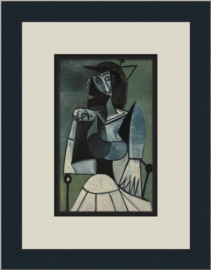 Pablo Picasso Seated Woman Custom Framed Art Print 1987: Pablo Picasso Seated Woman Custom Framed Art Print 1987 This stunning custom framed print titled 'Seated Woman' by Pablo Picasso showcases the artist's unique style, blending elements of Abstract, Cub