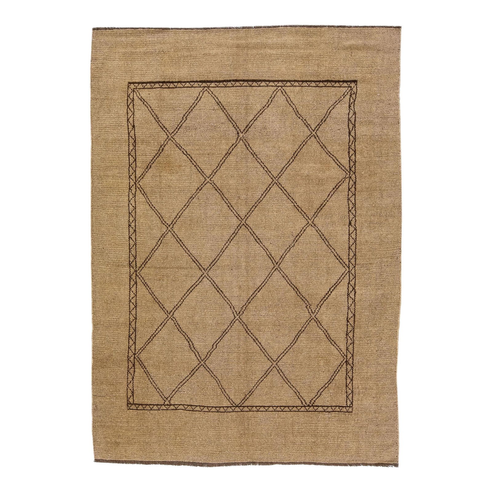 Light Brown Handmade Moroccan Wool Rug 7'2 x 9'9 Tribal Design: Light Brown Handmade Moroccan Wool Rug 7'2 x 9'9 Tribal Design Enhance your space with this stunning Moroccan-style handmade wool rug, part of our Northwest collection. It features a beautiful light b