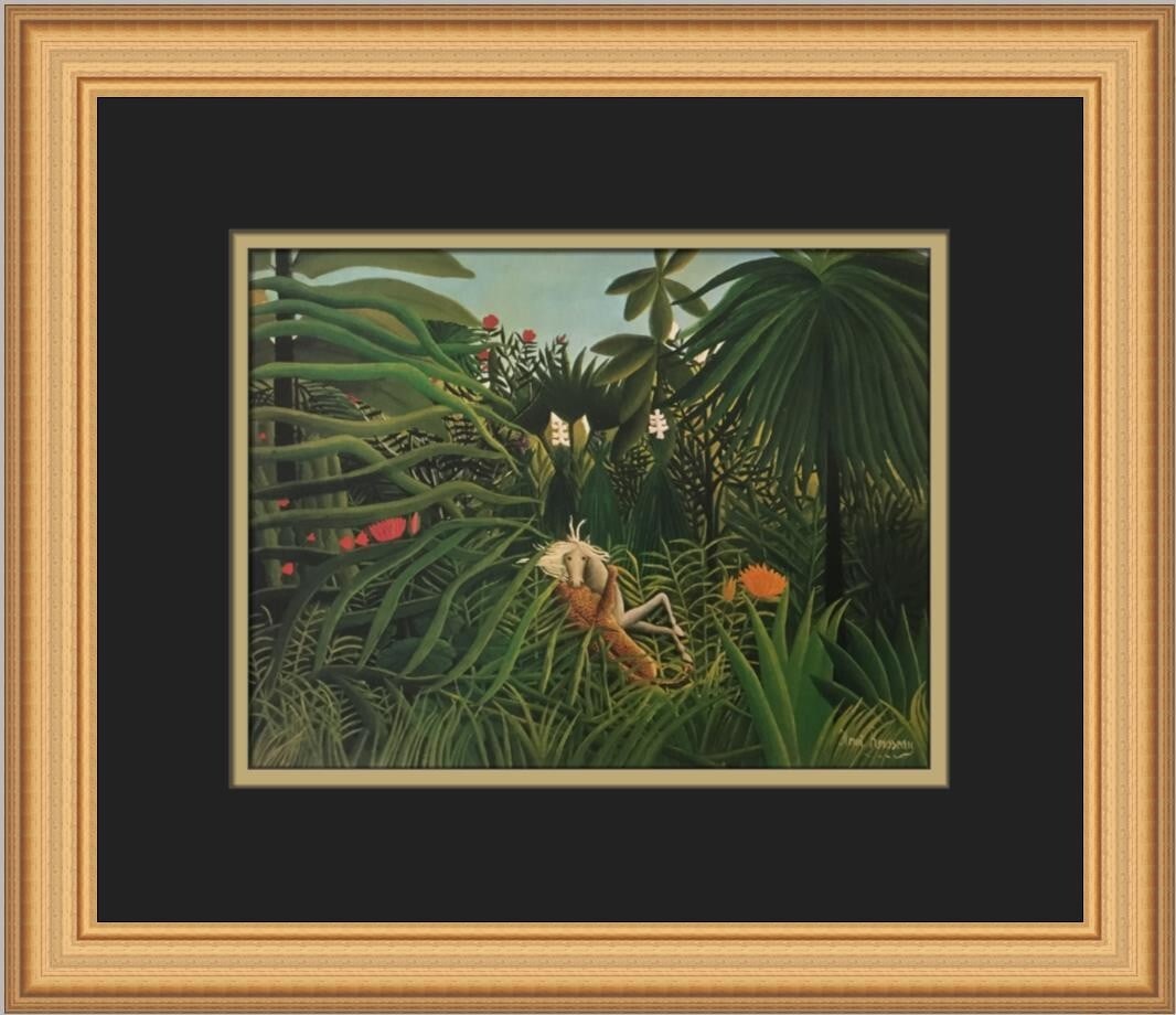Henri Rousseau Fight Between a Jaguar and a Horse Custom Framed Art Print: Henri Rousseau Fight Between a Jaguar and a Horse Custom Framed Art Print This stunning custom framed print features Henri Rousseau's captivating artwork titled "Fight Between a Jaguar and a Horse." C