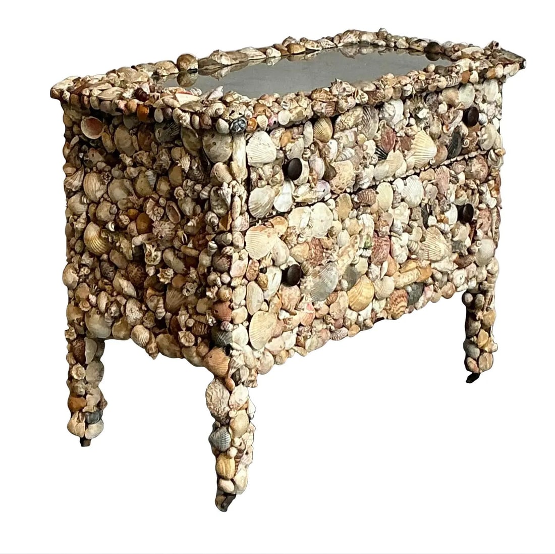 Coastal Style Chest Decorated With Natural Shells and Mirrored Top: Coastal Style Chest Decorated With Natural Shells and Mirrored Top This vintage chest of drawers features a distinctive coastal design, meticulously adorned with natural seashells that create a textur