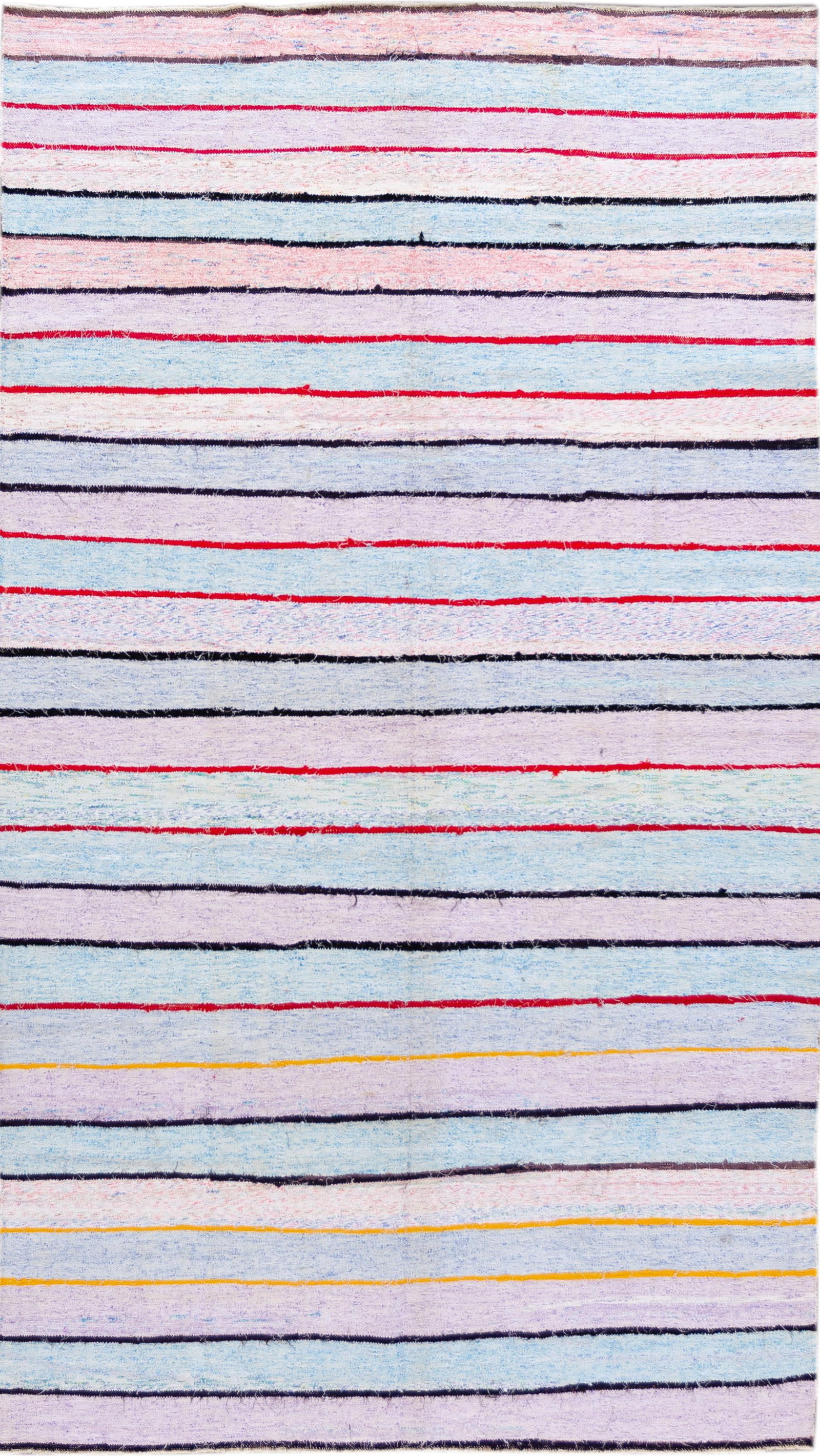 Mid-Century Turkish Wool Kilim Rug 6'2" x 11' Striped Design: Mid-Century Turkish Wool Kilim Rug 6'2" x 11' Striped Design This stunning vintage Turkish Kilim rug features a captivating multicolored lavender and blue striped design. Handwoven with care, this fla