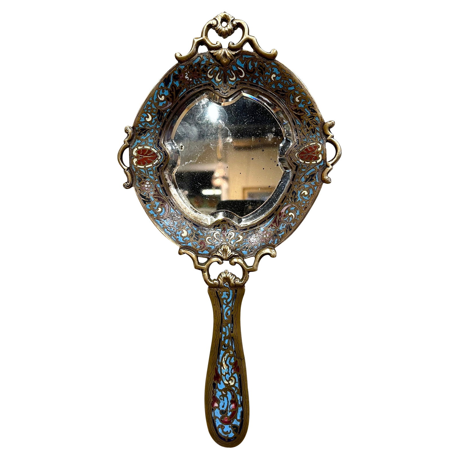 19th Century French Champleve Brass Vanity Mirror with Beveled Glass: 19th Century French Champleve Brass Vanity Mirror with Beveled Glass This exquisite 19th Century French hand vanity mirror showcases a beautiful blend of craftsmanship and artistry. Crafted in France