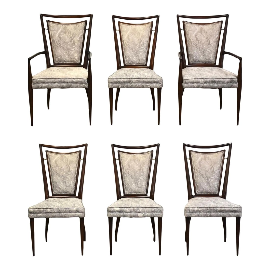 John Widdicomb Mid-Century Modern Dining Chairs Set of 6: John Widdicomb Mid-Century Modern Dining Chairs Set of 6 This elegant set of six mid-century modern dining chairs showcases a dark cherry wood frame adorned with brass spacer accents, crafted by John