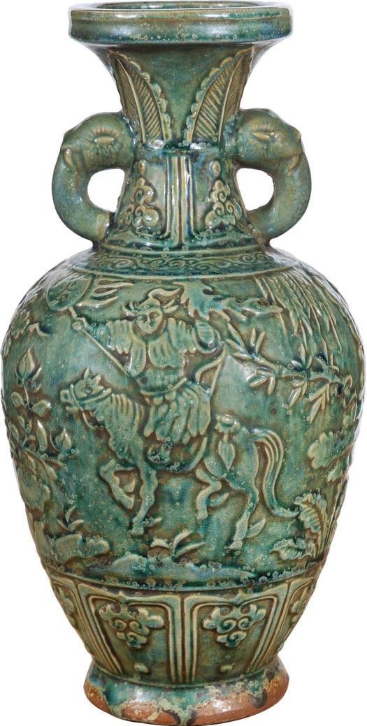 Hand-Crafted Tribal Style Ceramic Vase with Elephant Ear Handle: Hand-Crafted Tribal Style Ceramic Vase with Elephant Ear Handle This exquisite hand-crafted vase features a stunning speckled green finish and a distinctive elephant ear handle, making it a unique add