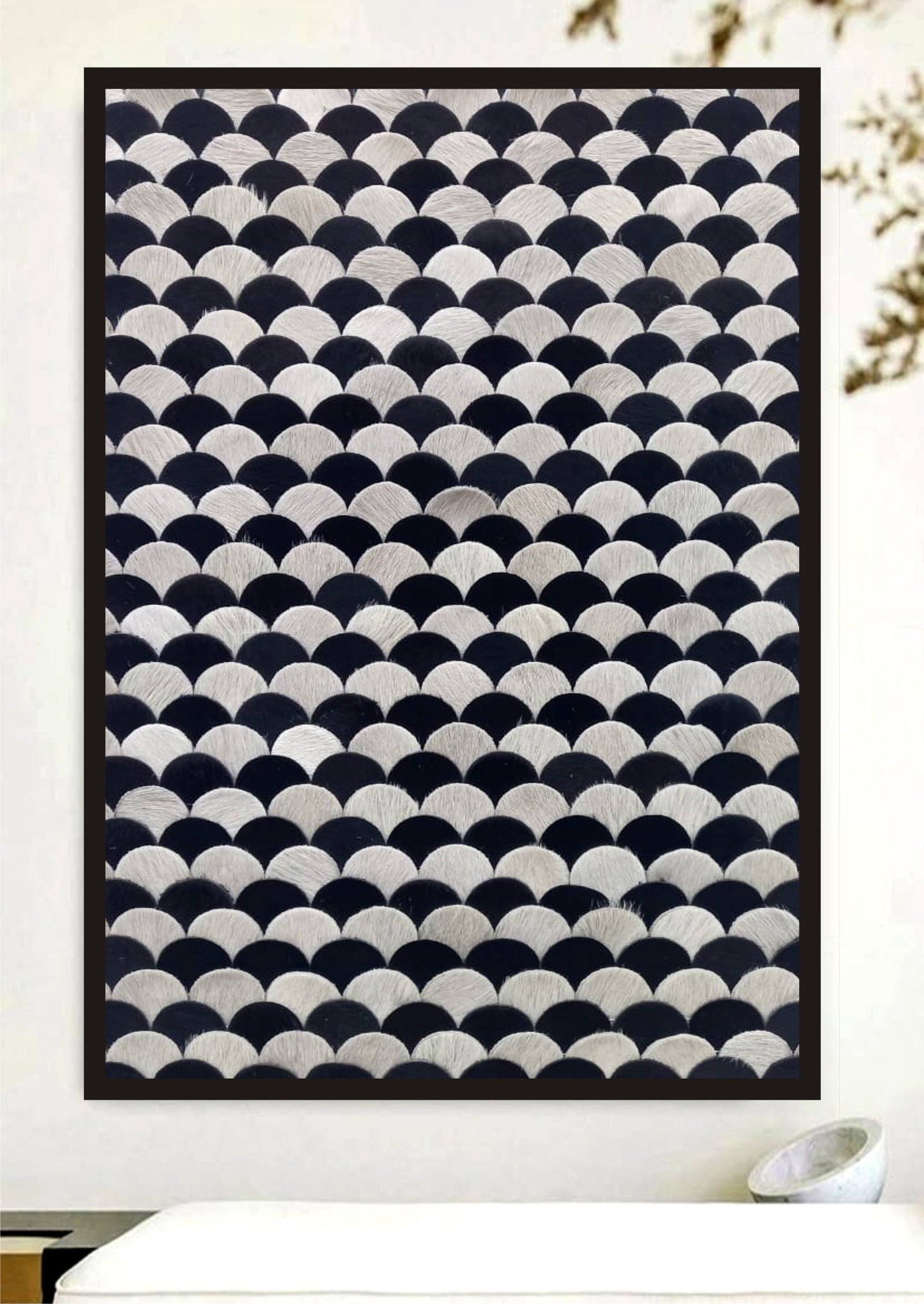 Handcrafted Cowhide Mosaic Wall Art Black Silver Scallop Modern Design 12x12: Handcrafted Cowhide Mosaic Wall Art Black Silver Scallop Modern Design 12x12 Free continental US Shipping This modern wall art features a meticulously handcrafted mosaic composed of precision-cut, gen