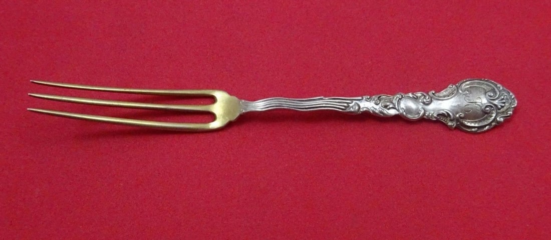 Watson Sterling Silver Gold Washed Strawberry Fork 4 5/8 Inch Monogrammed: Watson Sterling Silver Gold Washed Strawberry Fork 4 5/8 Inch Monogrammed This exquisite sterling silver strawberry fork by Watson features a gold washed finish, measuring 4 5/8 inches in length. The