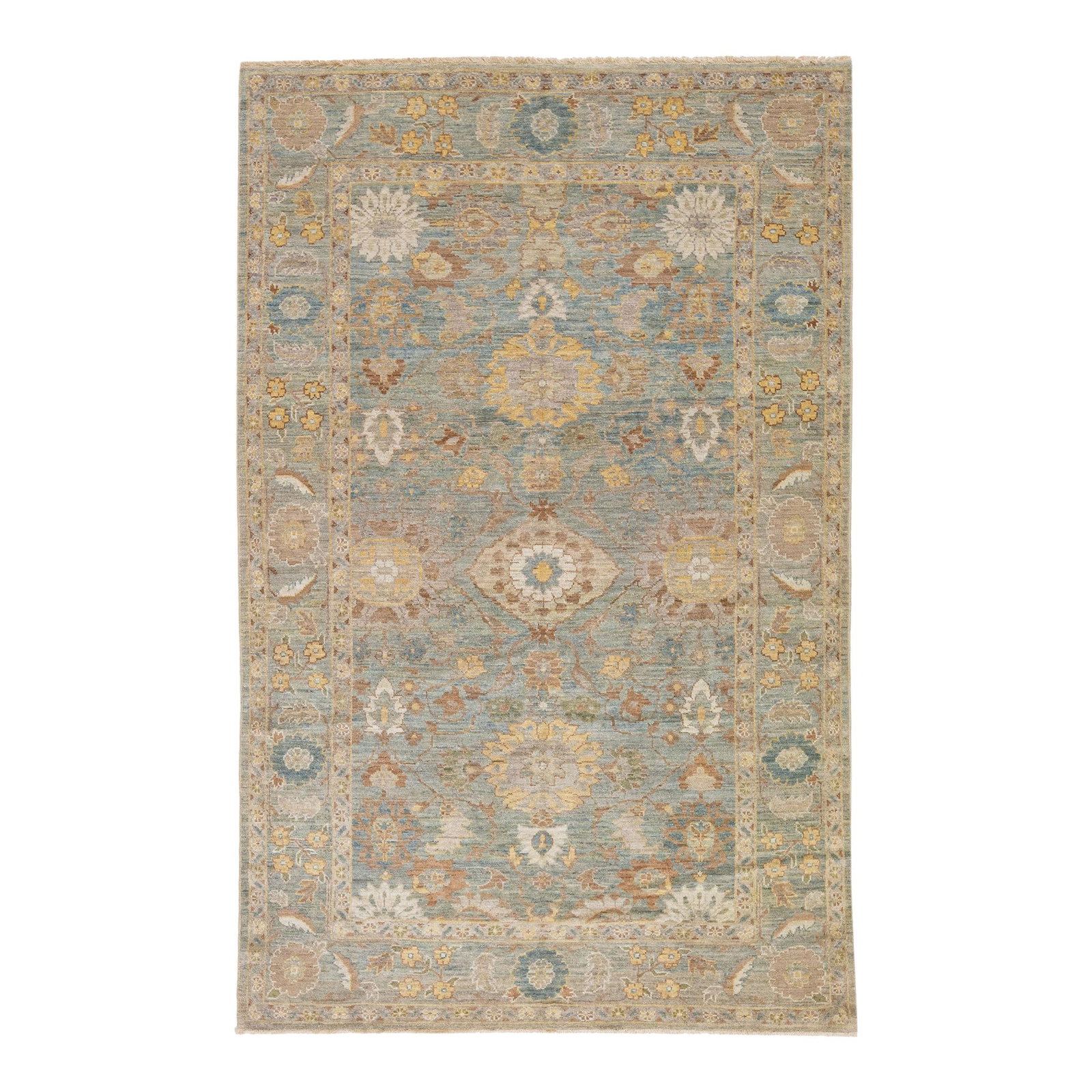 Sultanabad Handmade Floral Wool Rug 6'2" x 9' Blue Accents: Sultanabad Handmade Floral Wool Rug 6'2" x 9' Blue Accents Enhance your living space with this exquisite Early 21st Century Floral Modern Sultanabad Handmade Wool Rug. Featuring a vibrant blue color f