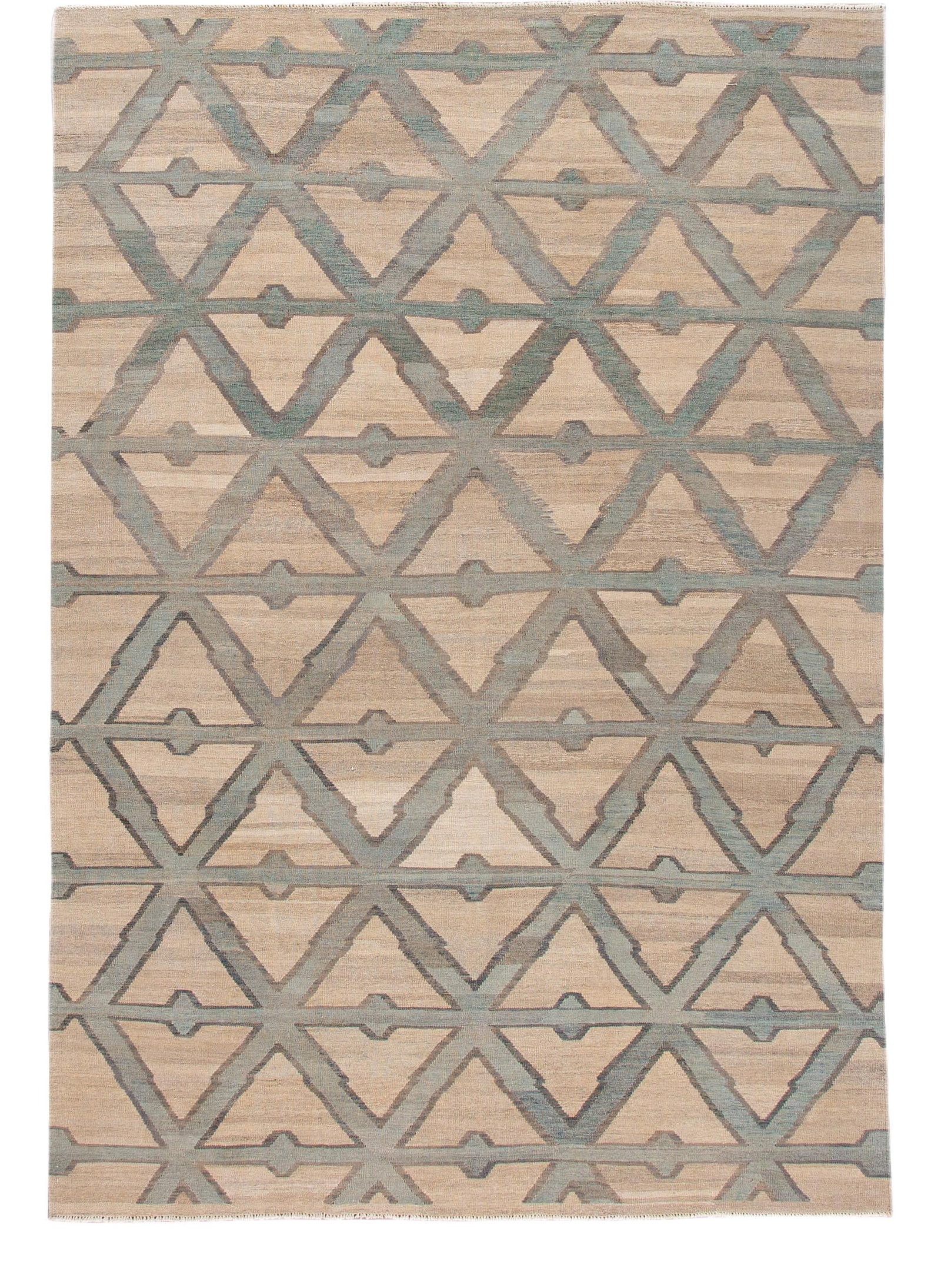 Modern Beige Wool Kilim Flatweave Geometric Rug 7'10 x 11'7: Modern Beige Wool Kilim Flatweave Geometric Rug 7'10 x 11'7 Discover the elegance of this modern Kilim flat-weave wool rug, featuring a warm beige field adorned with green and gray accents in a stunni