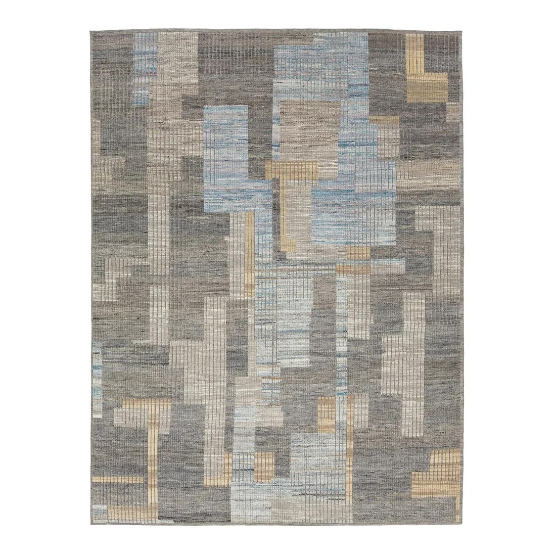 9'2" x 12'1" Wool Area Rug With Abstract Rectangular Pattern in Gray: 9'2" x 12'1" Wool Area Rug With Abstract Rectangular Pattern in Gray This contemporary Moroccan-style wool rug features a pixelated grid of overlapping rectangles in muted shades of blue, gray, beige,