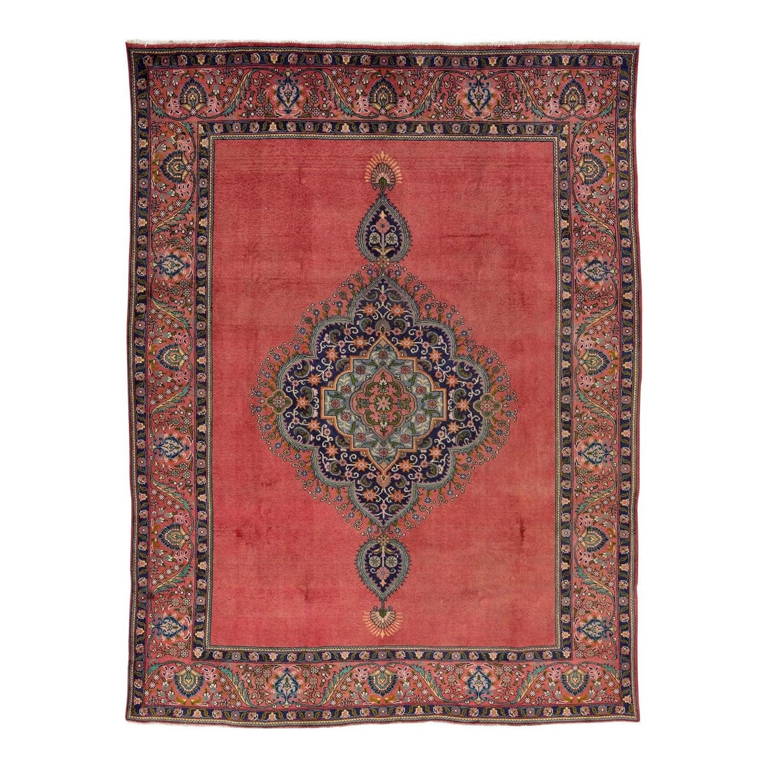 Terracotta Vintage Persian Tabriz Wool Rug 9'6 x 12'8 Medallion Motif: Terracotta Vintage Persian Tabriz Wool Rug 9'6 x 12'8 Medallion Motif Enhance your living space with this Terracotta Vintage Persian Tabriz Room Size Wool Rug, featuring an exquisite medallion motif i