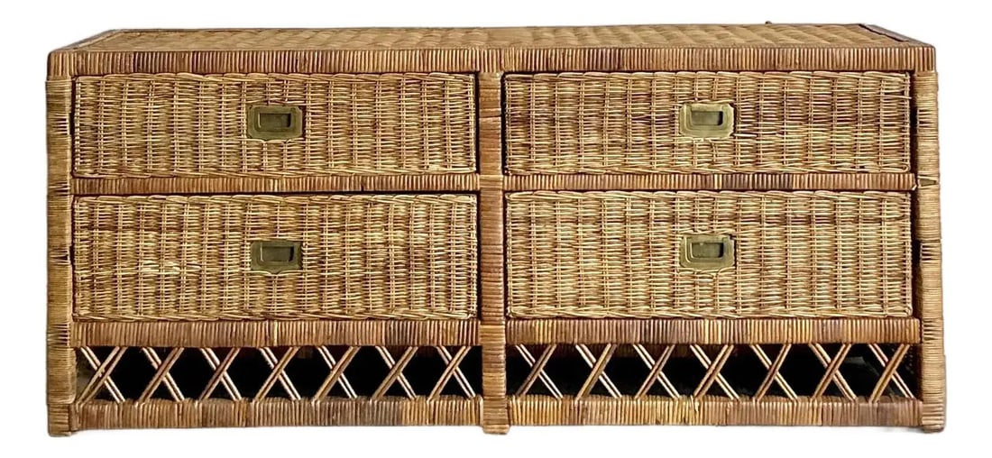 1970s Woven Rattan Low Credenza With Trellis Base and Metal Pulls: 1970s Woven Rattan Low Credenza With Trellis Base and Metal Pulls This vintage low credenza from the 1970s features a tightly woven rattan surface and a distinctive openwork trellis base, lending it b