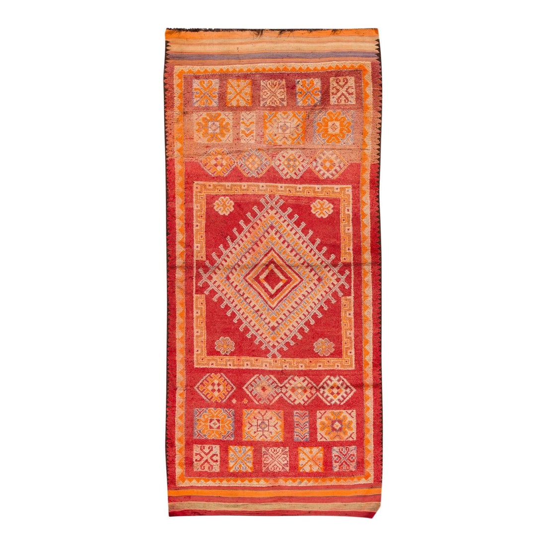 Vintage 1945 Moroccan Handmade Wool Rug Red Orange Geometric 5'10 x 13'2: Vintage 1945 Moroccan Handmade Wool Rug Red Orange Geometric 5'10 x 13'2 This vintage 1945 Moroccan rug showcases a stunning red field adorned with intricate geometric designs in orange and gray tones