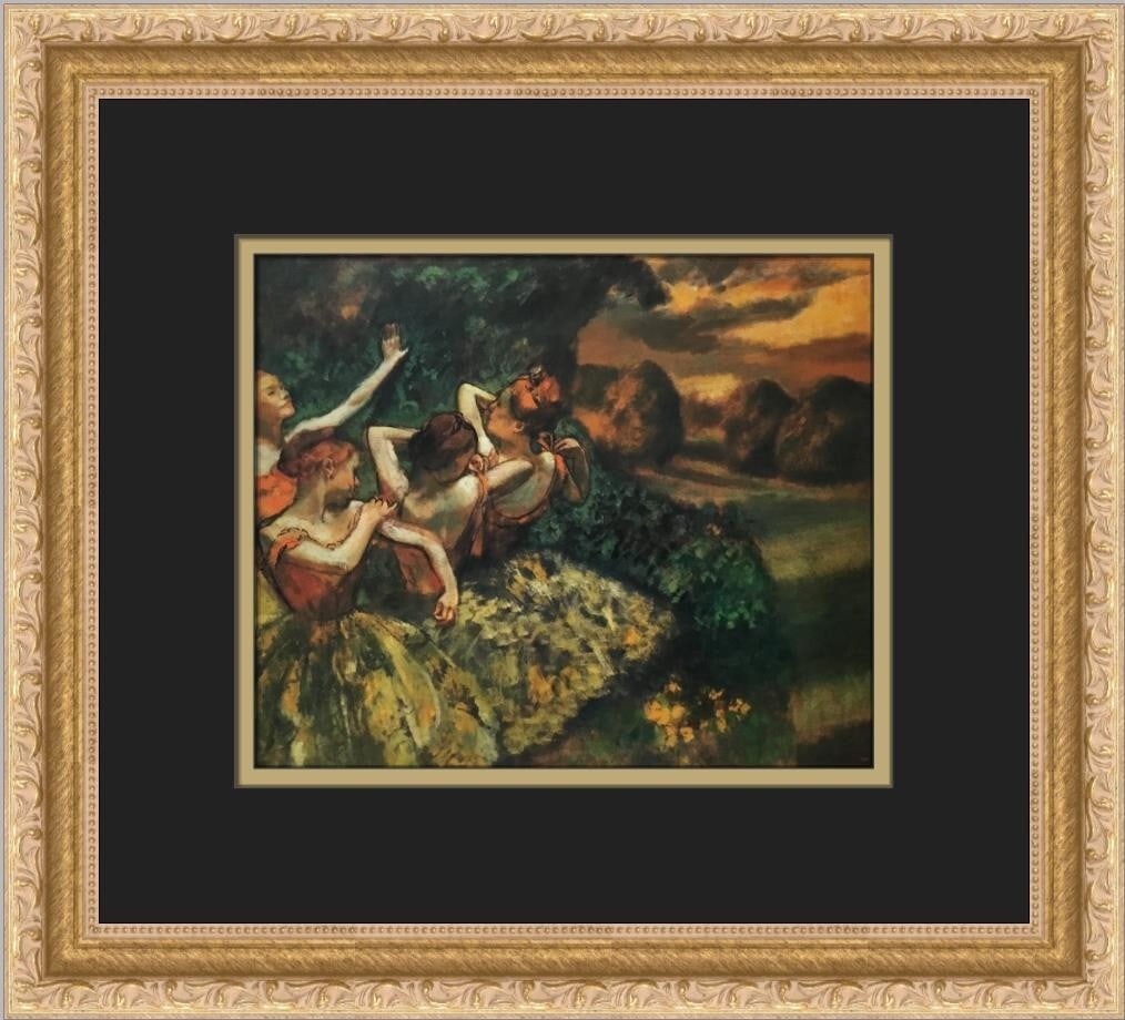 Edgar Degas Four Dancers Custom Framed Art Print: Edgar Degas Four Dancers Custom Framed Art Print This custom framed print features Edgar Degas's renowned artwork "Four Dancers". Measuring 14 in. by 13 in., this medium-sized piece is double matted w