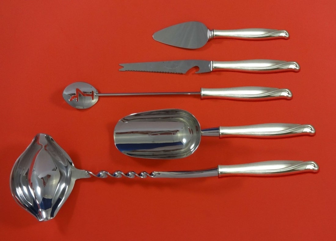 Alvin Spring Bud Sterling Silver 5pc Cocktail Bar Set: Alvin Spring Bud Sterling Silver 5pc Cocktail Bar Set Elevate your cocktail parties with the exquisite Spring Bud by Alvin Sterling Silver Cocktail Party Bar Set. This 5-piece custom-made serving set,