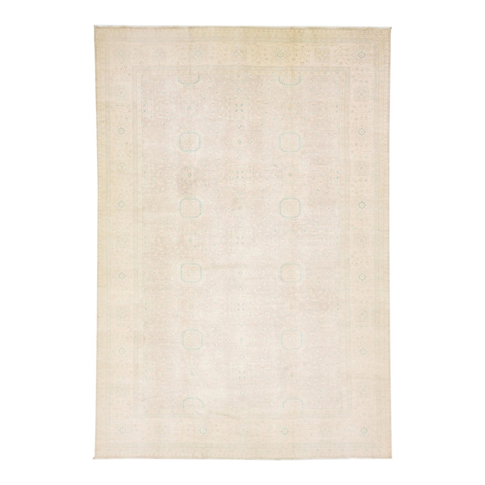 Handmade Modern Oushak Beige Wool Floral Rug 12'1" x 17'10": Handmade Modern Oushak Beige Wool Floral Rug 12'1" x 17'10" This exquisite modern Oushak rug is hand-knotted from durable wool, showcasing a stunning beige color field adorned with an intricate all-ov