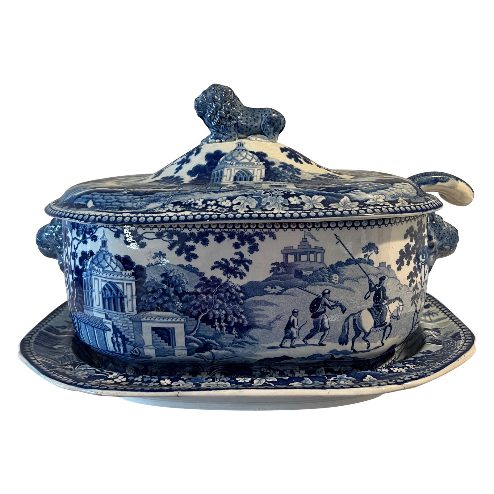 John Rogers Staffordshire Musketeer Soup Tureen Set C. 1820 Pearlware: John Rogers Staffordshire Musketeer Soup Tureen Set C. 1820 Pearlware This exquisite 3-piece Georgian pearlware collection features a soup tureen with lid, a soup ladle, and an under tray, all dating