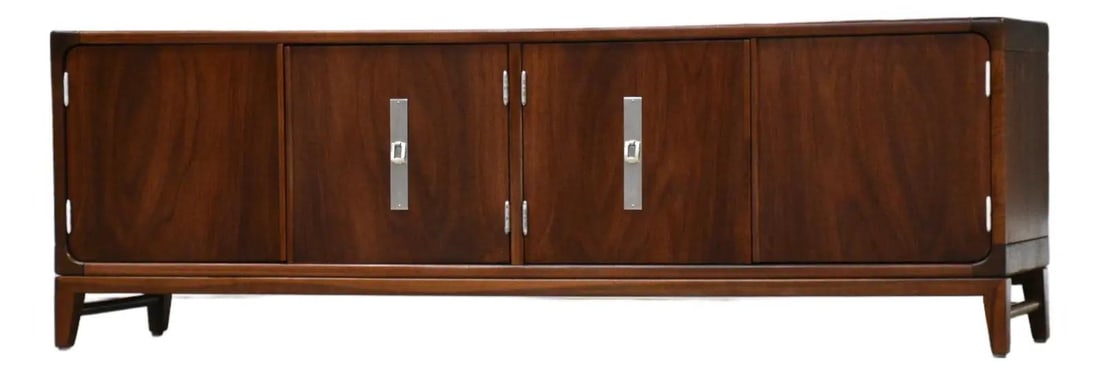 Walnut Four Door Low TV Console Credenza 54 Inch Mid Century Modern: Walnut Four Door Low TV Console Credenza 54 Inch Mid Century Modern This mid-century modern low credenza, designed by John Keal for Brown Saltman, features a four-door configuration and is crafted fro
