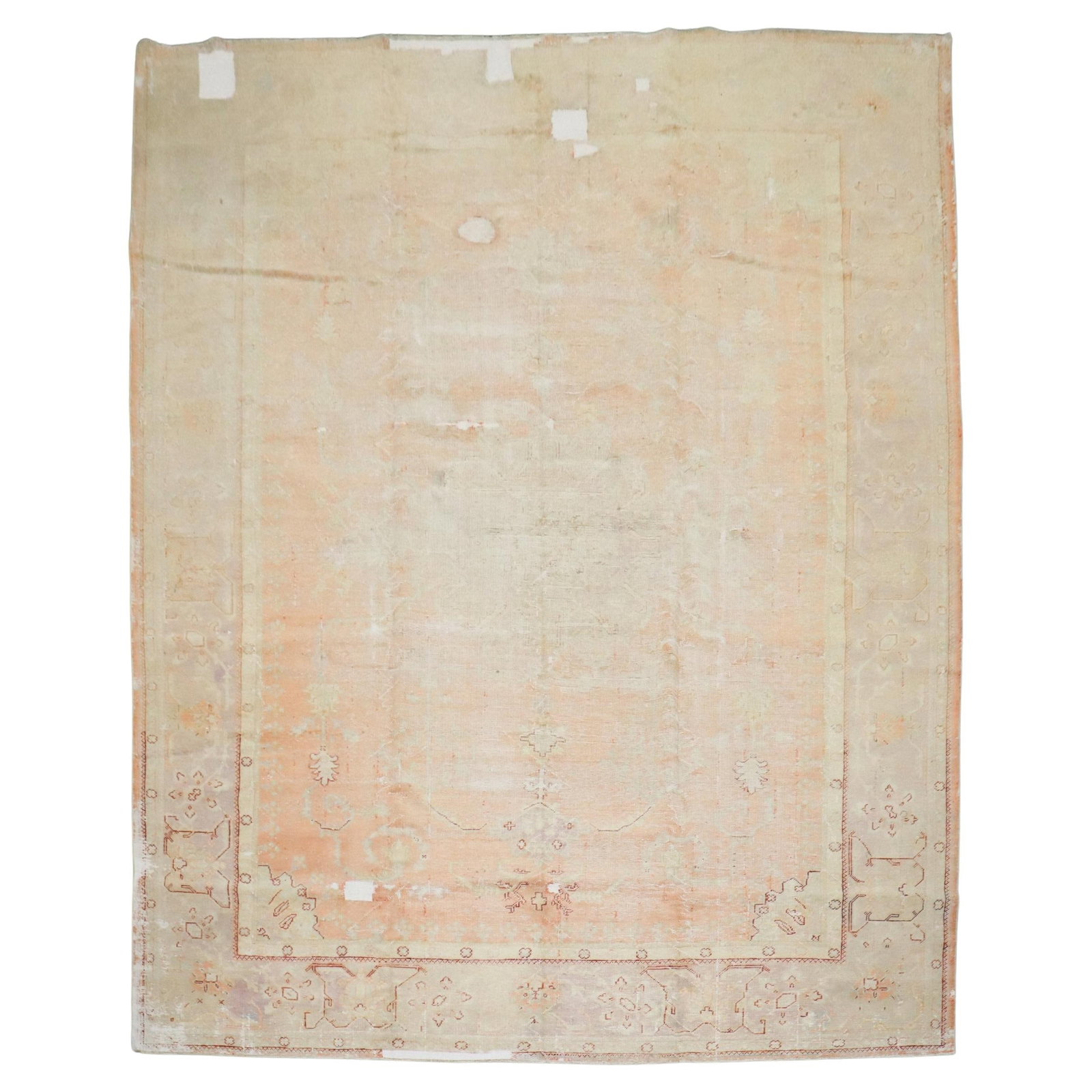 Antique Turkish Oushak Rug 9'10 x 13' Soft Peach Wool Hand-Woven: Antique Turkish Oushak Rug 9'10 x 13' Soft Peach Wool Hand-Woven Discover the exquisite beauty of this early 20th Century Turkish Oushak rug, featuring a soft peach hue that adds warmth and elegance t