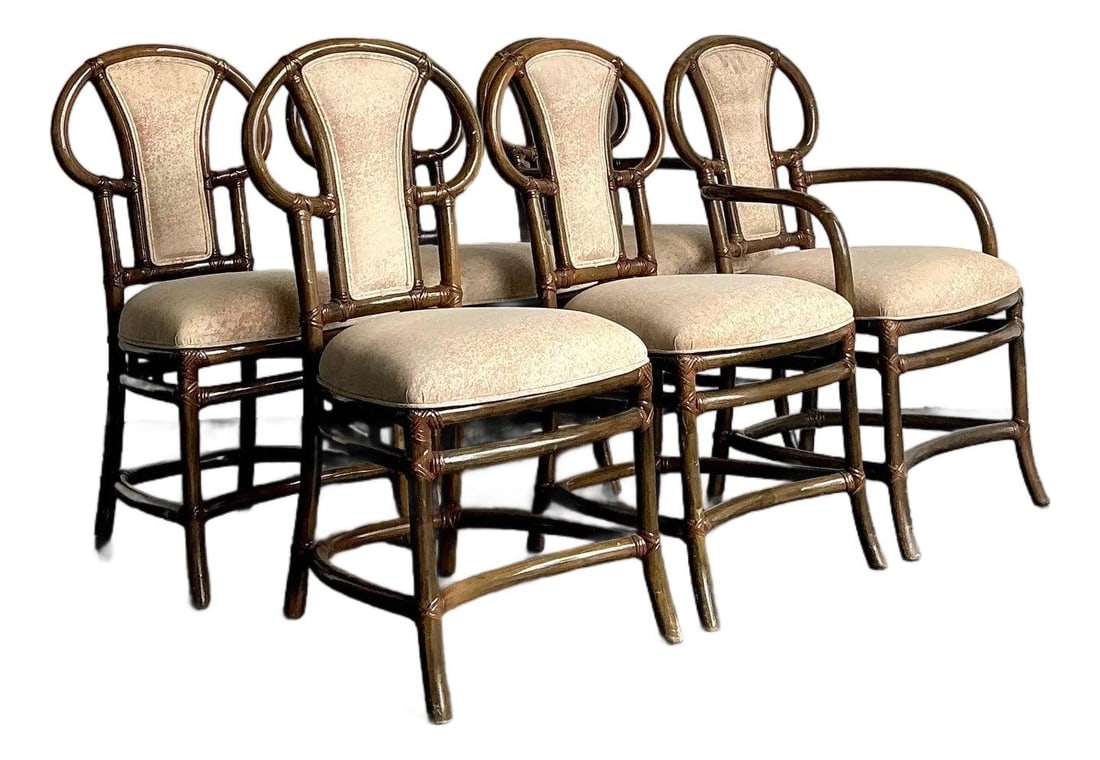 Set of 6 Henry Olko Willow and Reed Rattan Dining Chairs Boho Loop Back: Set of 6 Henry Olko Willow and Reed Rattan Dining Chairs Boho Loop Back This set of six vintage dining chairs, designed by Henry Olko for Willow & Reed, exemplifies 1970s organic modernism. Crafted fr