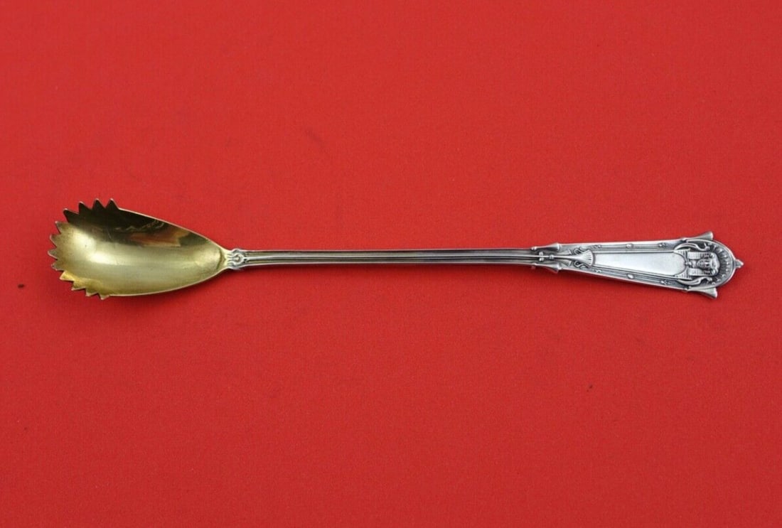 Whiting Egyptian Sterling Silver Horseradish Scoop Gold Wash 6.25": Whiting Egyptian Sterling Silver Horseradish Scoop Gold Wash 6.25" Discover the elegance of this unique Egyptian pattern horseradish scoop by Whiting. Crafted from sterling silver, this serving spoon