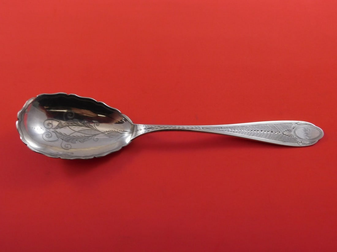 Bechtel Coin Silver Berry Spoon 8 7/8 Bright-Cut Handle Scalloped Bowl: Bechtel Coin Silver Berry Spoon 8 7/8 Bright-Cut Handle Scalloped Bowl This exquisite Bechtel coin silver berry spoon features a bright-cut handle and a beautifully scalloped bowl, measuring 8 7/8 inc