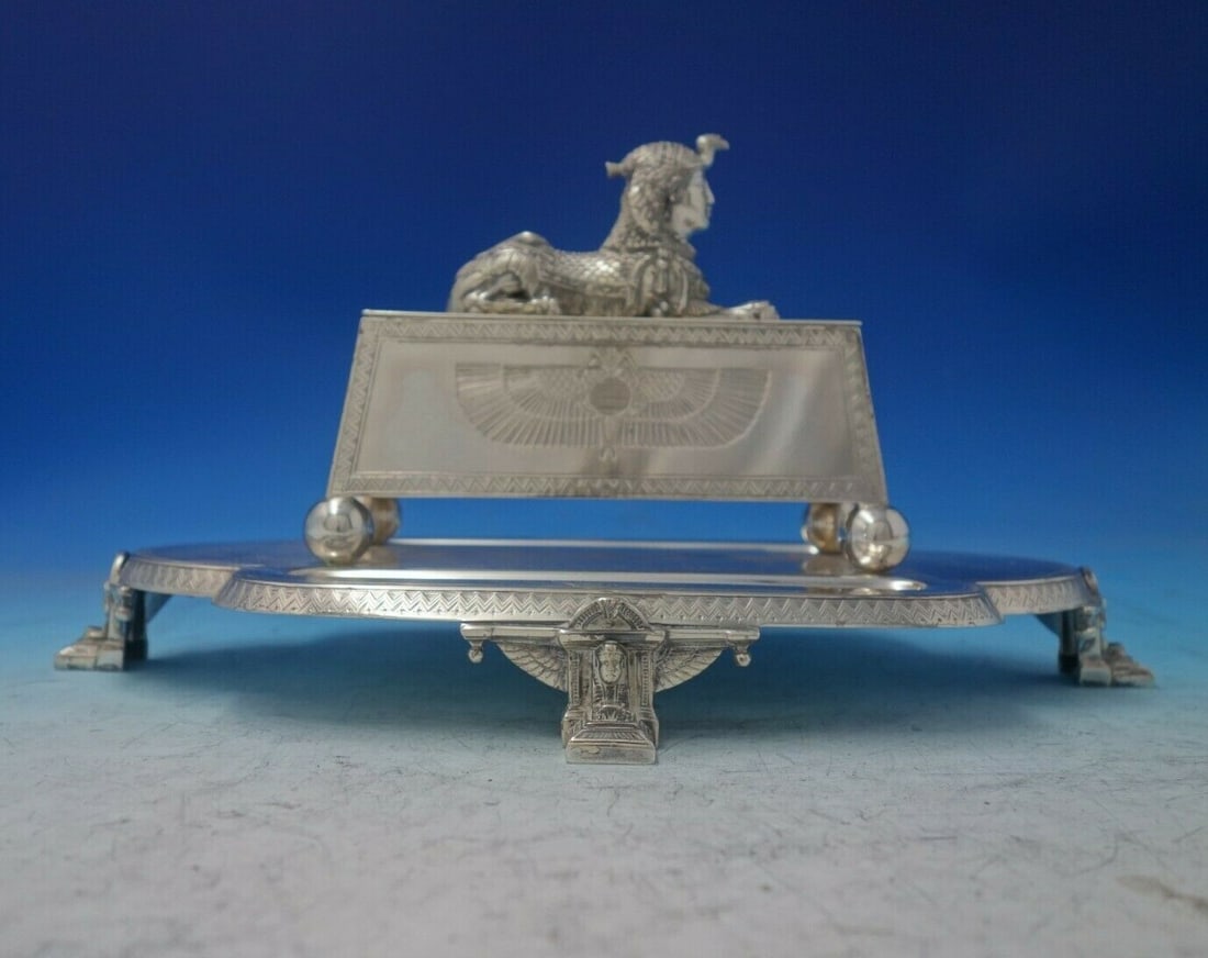 Gorham Egyptian Revival Silverplate Double Well Inkwell #4905: Gorham Egyptian Revival Silverplate Double Well Inkwell #4905 Discover this stunning Egyptian Revival inkwell by Gorham, crafted in silverplate during the late 19th century. This impressive double wel