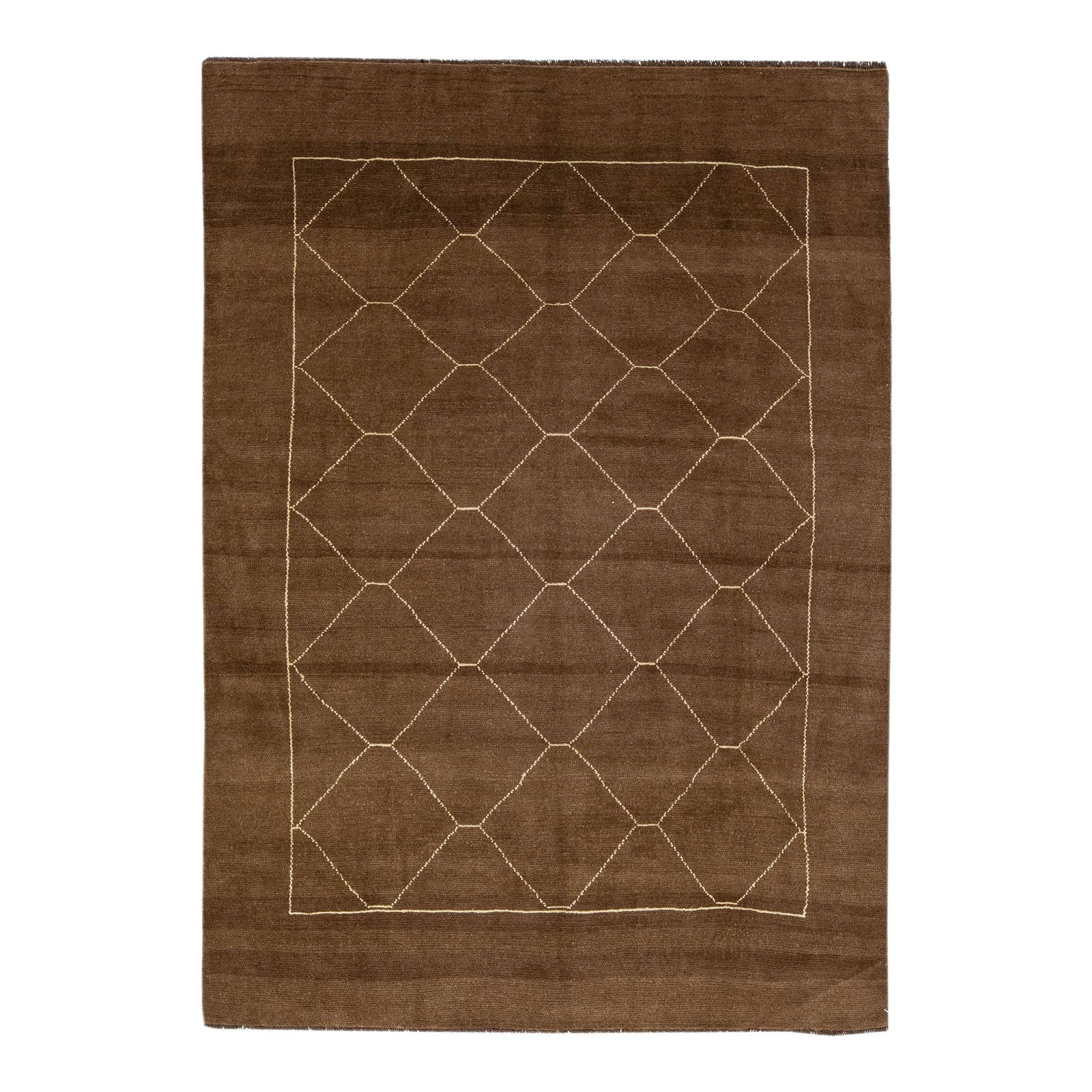 Brown Geometric Moroccan Handmade Wool Rug 6'9 x 9'7: Brown Geometric Moroccan Handmade Wool Rug 6'9 x 9'7 Enhance your living space with this exquisite, handmade Moroccan-style wool rug from the Northwest collection. Featuring a rich brown color field w