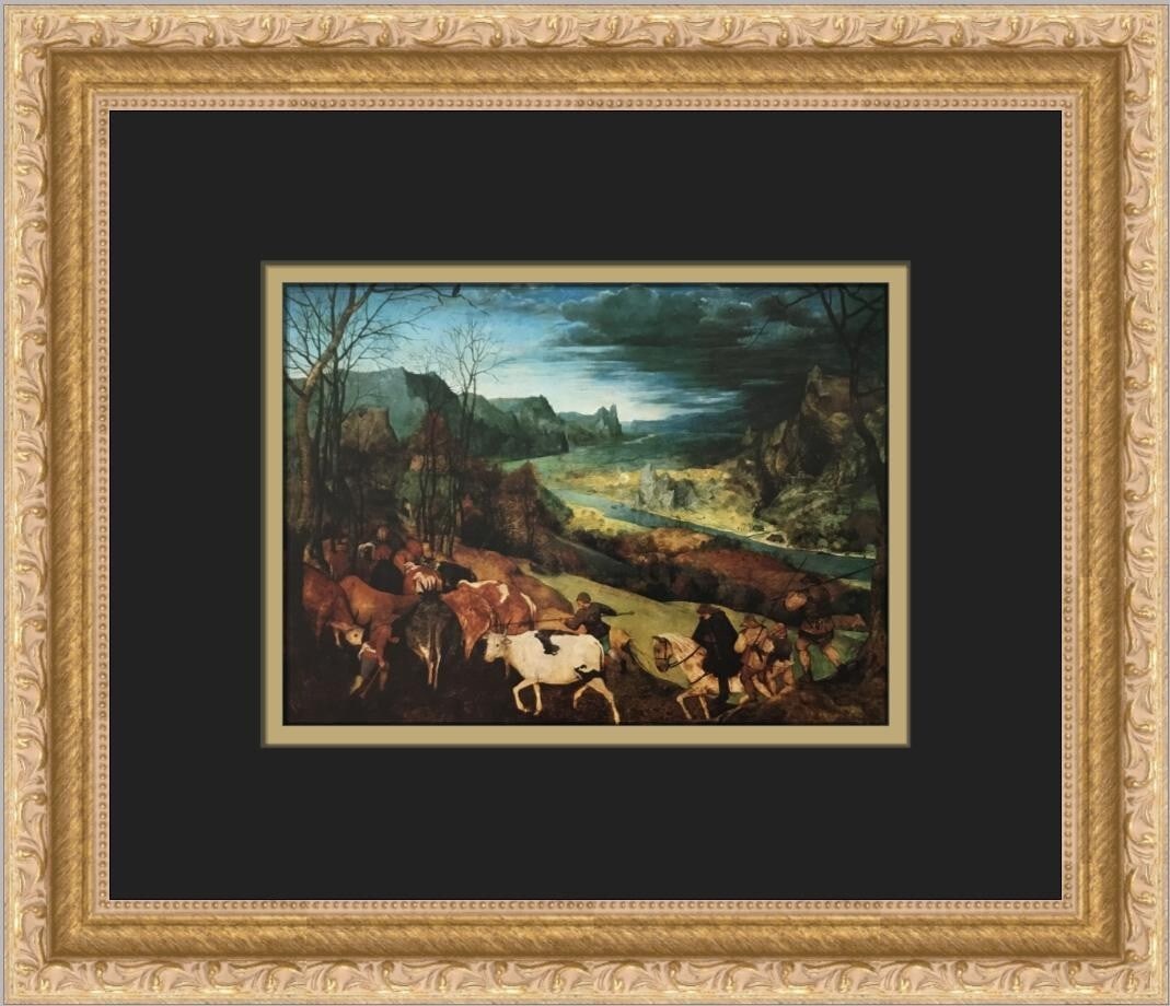 Pieter Bruegel The Return of the Herd Custom Framed Print 11 x 13: Pieter Bruegel The Return of the Herd Custom Framed Print 11 x 13 Enhance your decor with this exquisite custom framed print of "The Return of the Herd" by renowned artist Pieter Bruegel. This medium-