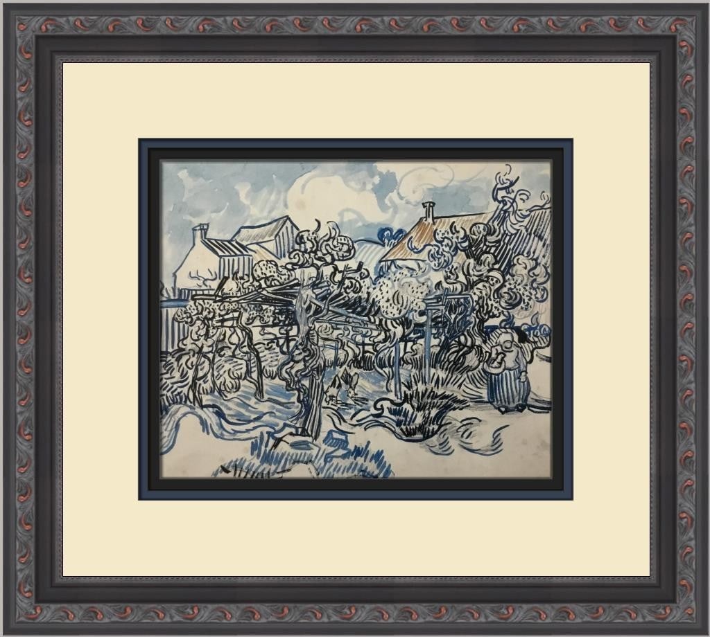 Custom Framed Offset Print Old Vinyard with Peasant Woman by Vincent van Gogh: Custom Framed Offset Print Old Vinyard with Peasant Woman by Vincent van Gogh This is a professionally custom-framed open edition offset lithograph print of "Old Vinyard with Peasant Woman" by Vincent
